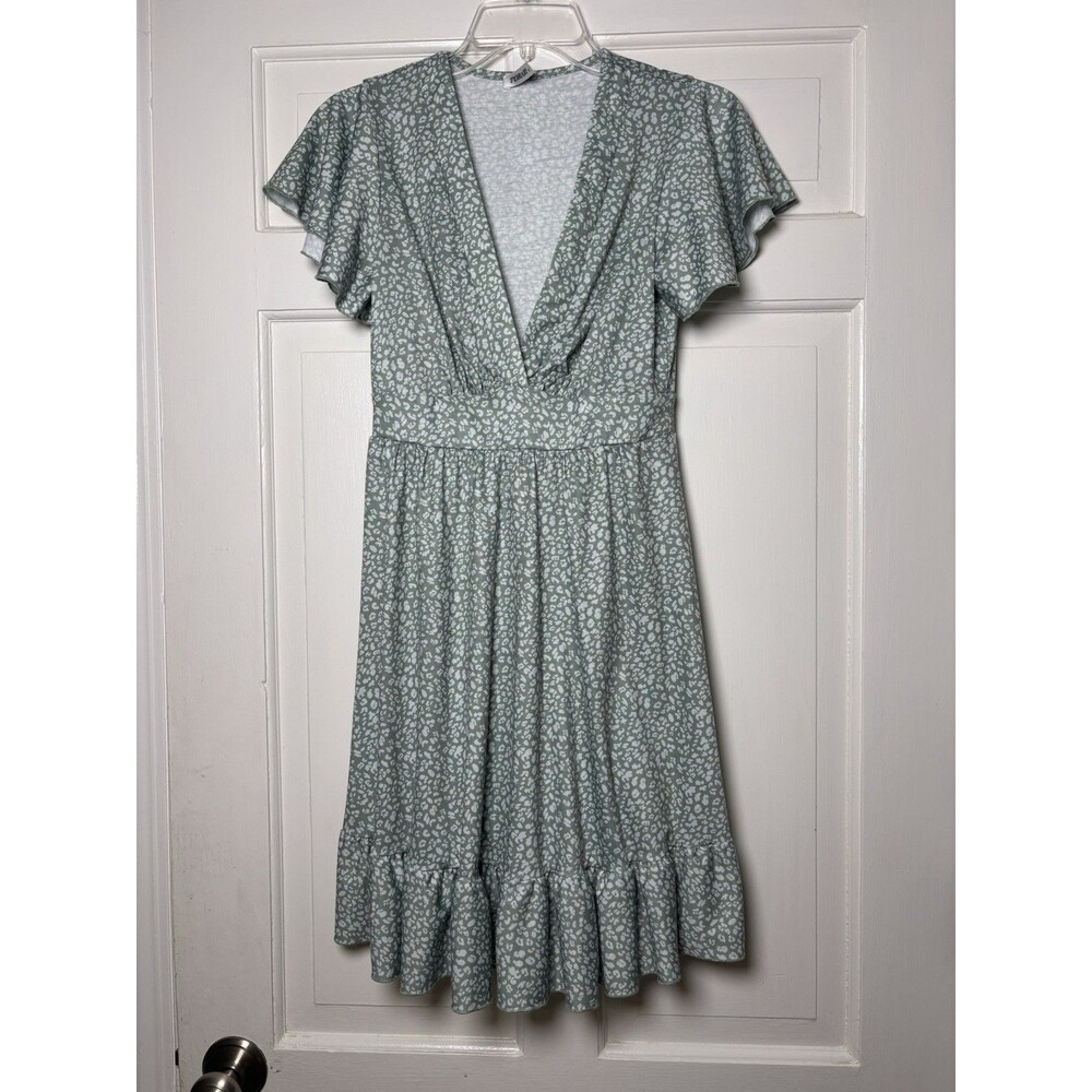 Torary Floral Mini Dress Women’s S Green & White V-Neck Flutter Slv Boho Peasant